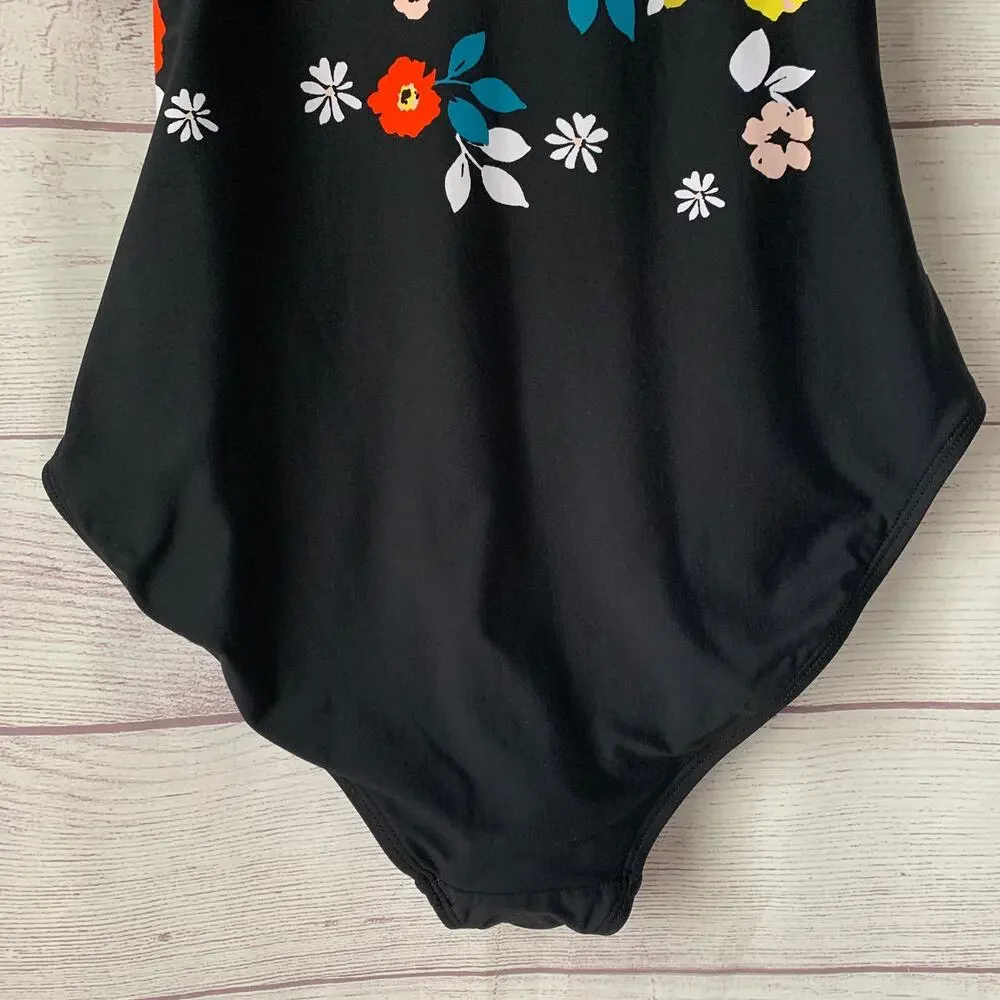 Anne Cole Black Colorful Floral Swimsuit Attachable Halter Strap Size 10